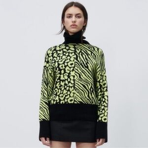 Zara Neon Yellow and Black Animal Print Turtleneck Sweater
